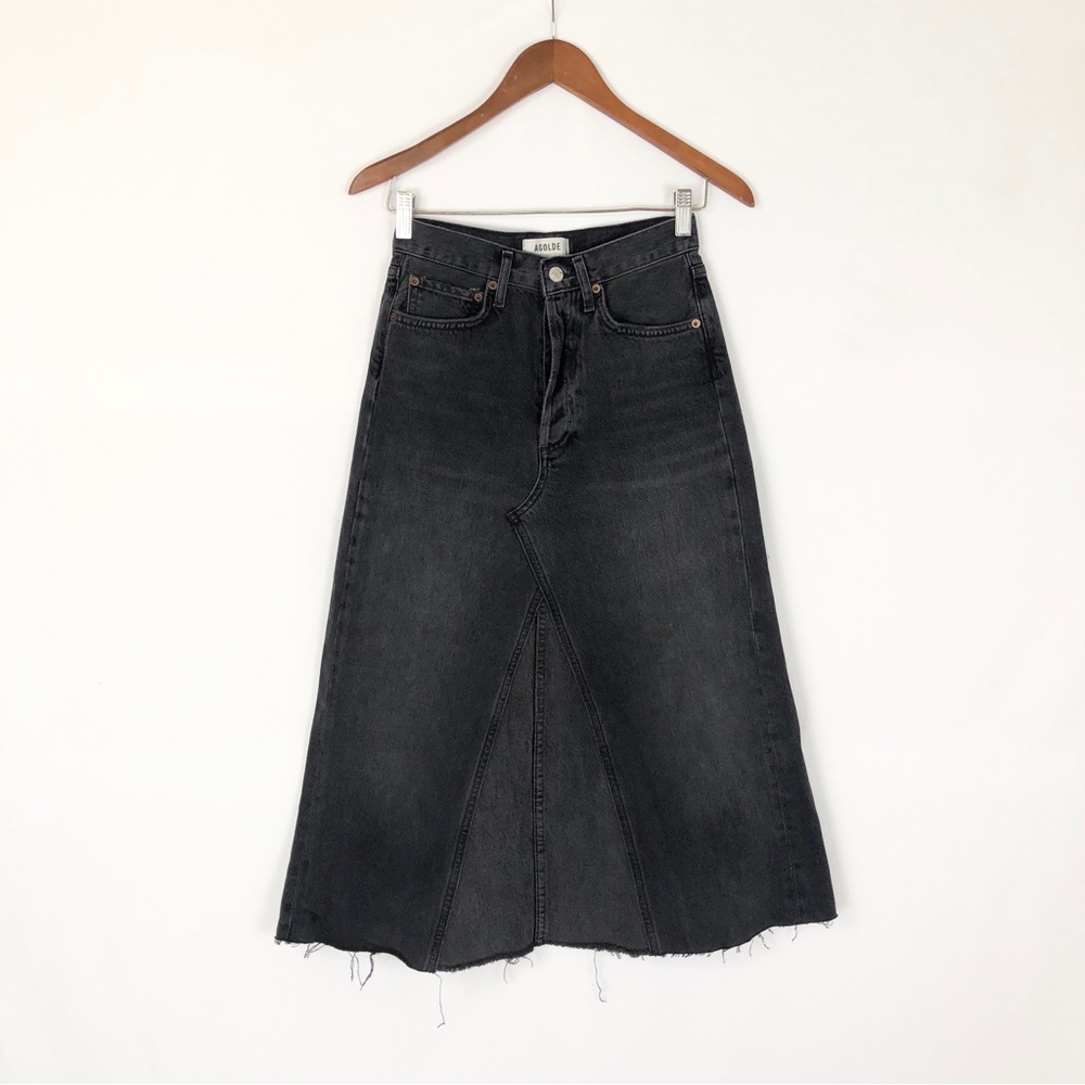 AGOLDE‎ 90s Jean Denim Skirt Midi Flare Black Size 22 Raw Distress Hem